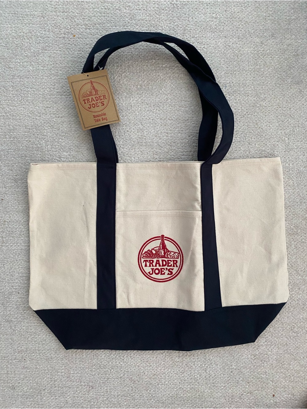 Trader Joe's Canvas Tote in Natural with Navy Straps and Red Logo